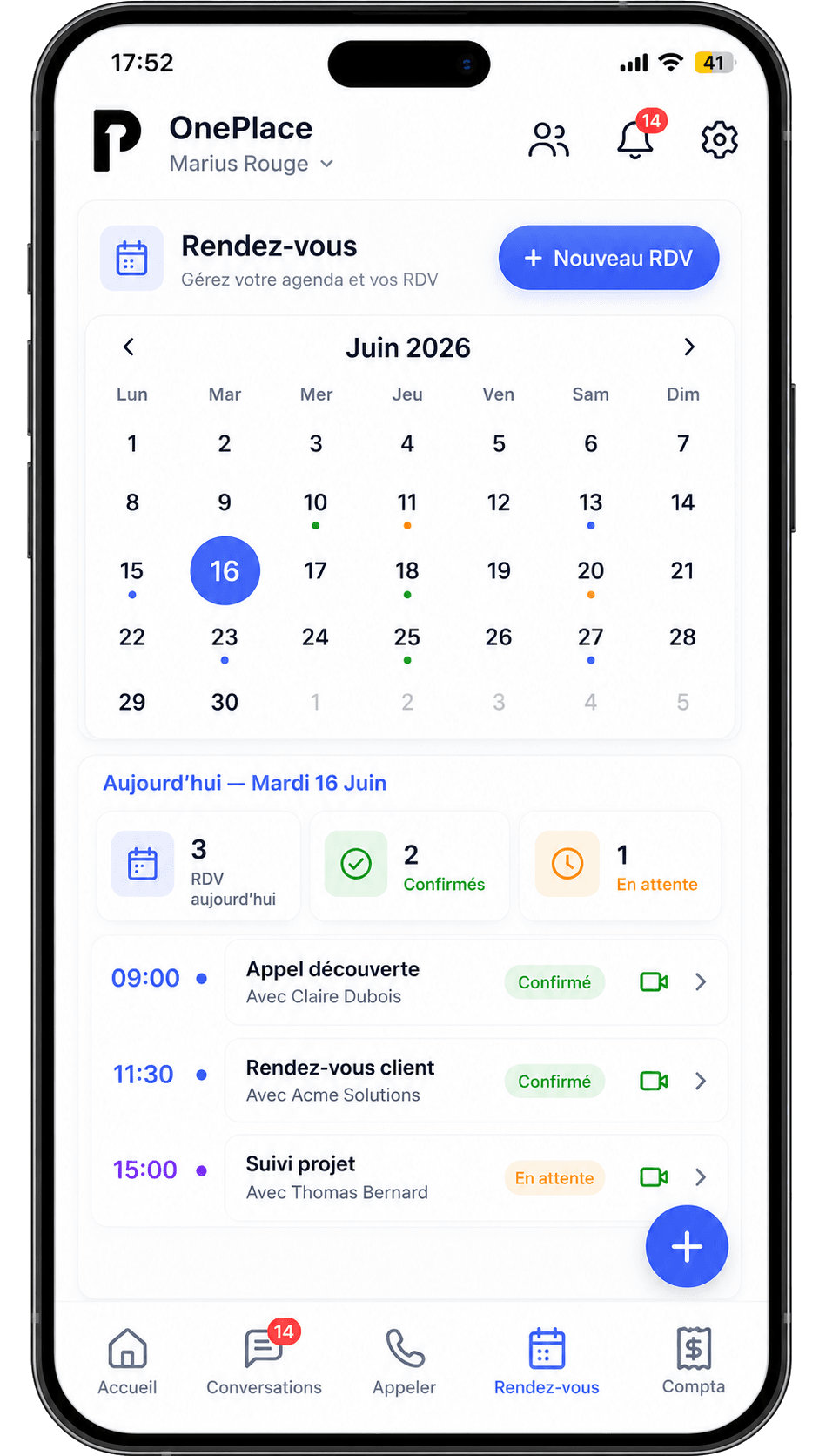 OnePlace sur mobile — rendez-vous du jour